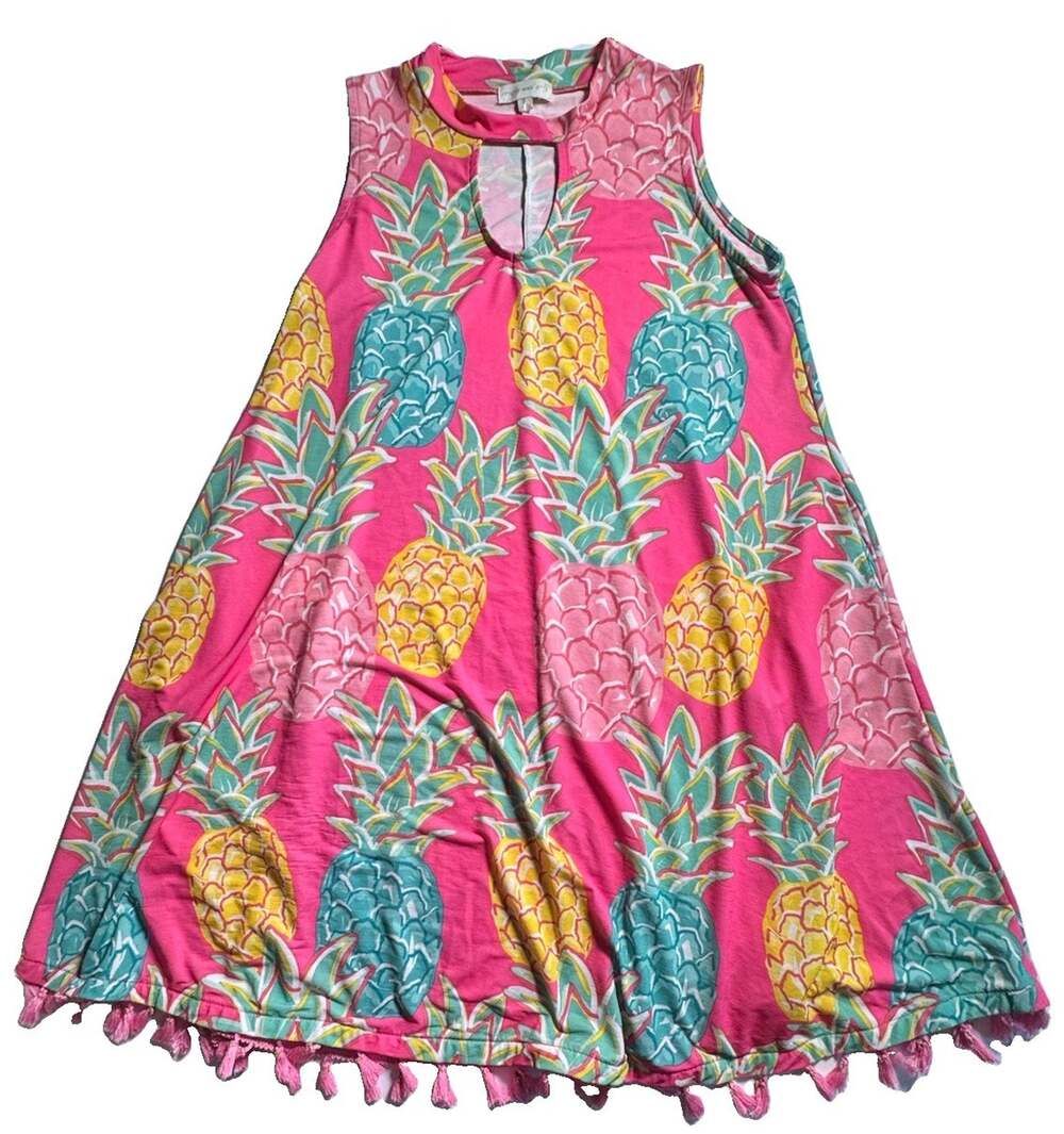 Simply Southern Womens Small Pink Pineapple Print Sleeveless Swing Dress Tassel